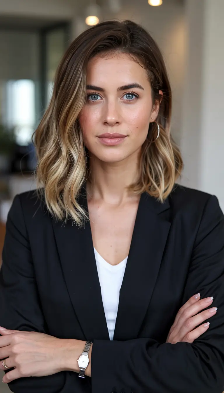 fall hair color ideas 2025 for women over 40+Sleek Balayage With Business Blonde Energy