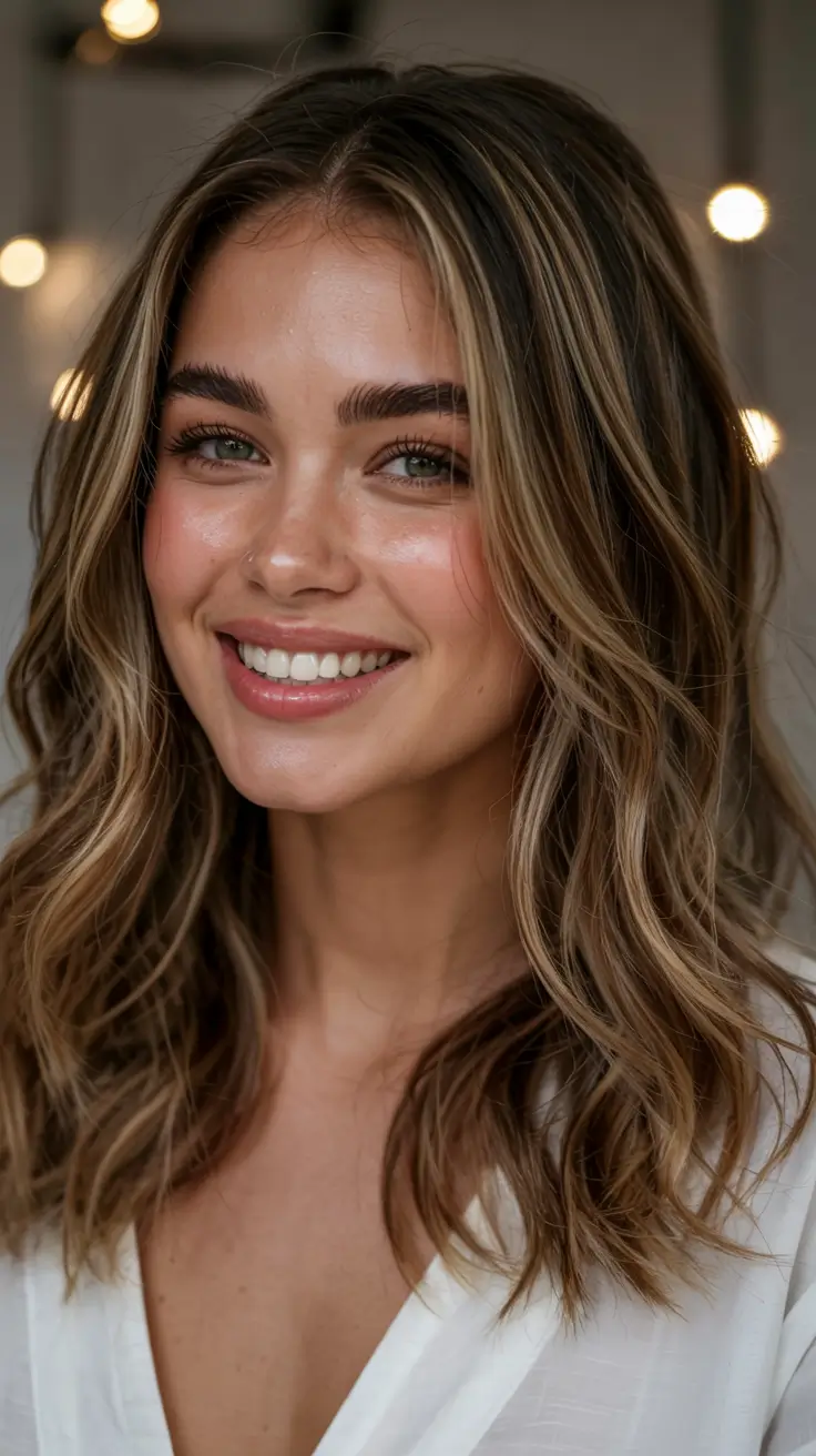 fall hair color ideas 2025 for women over 40+Beachy Volume With Golden Cinnamon Lights
