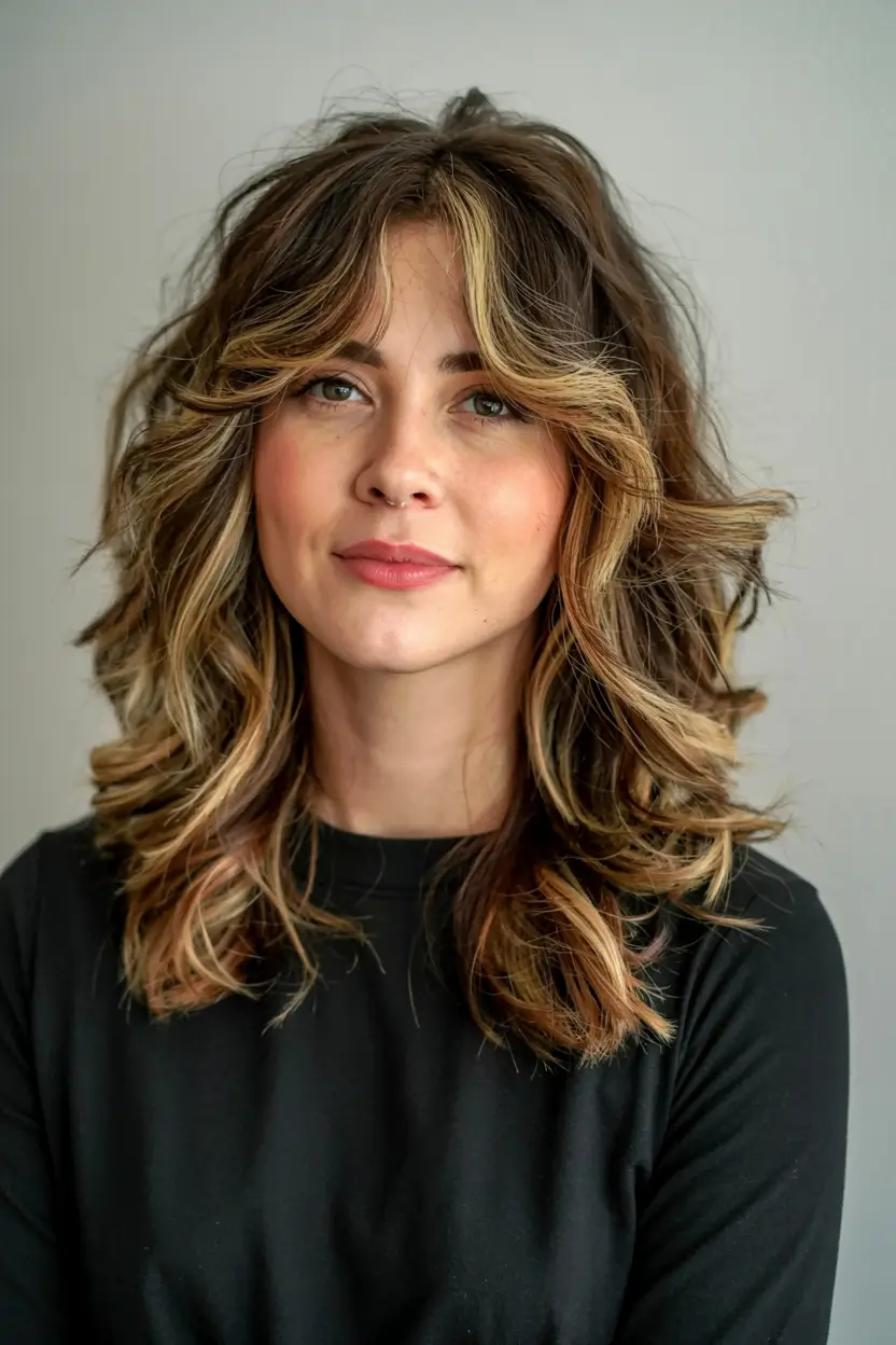 fall hair color ideas 2025 for women over 40+Retro Layers With Golden Copper Ribbons