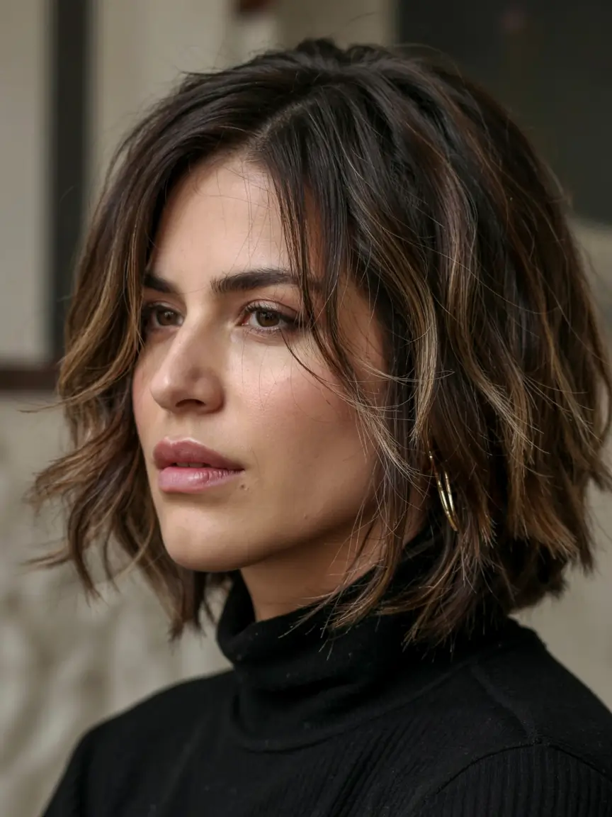 fall hair color ideas 2025 for women over 50+Bronzed-Mocha-Chop-with-Lived-In-Texture