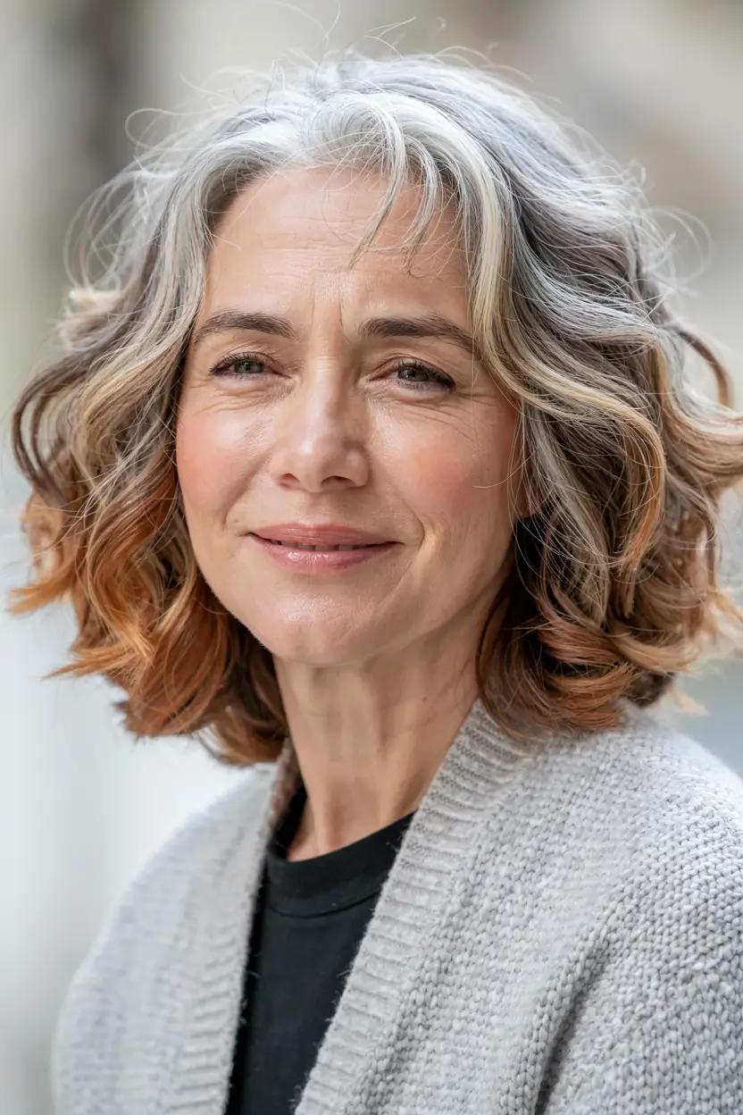 fall hair color ideas 2025 for women over 50+Multi-Tonal-Silver-with-Warm-Cinnamon-Ends