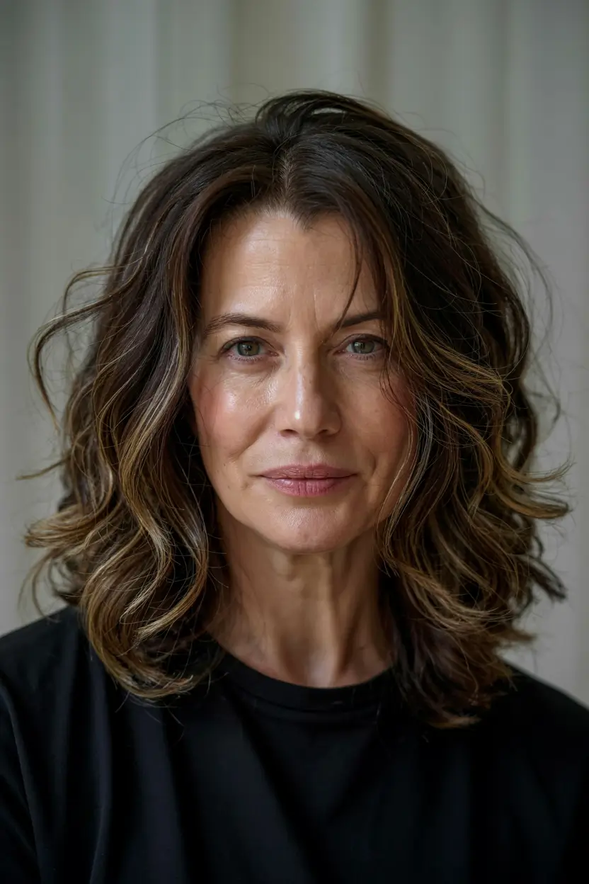 fall hair color ideas 2025 for women over 50+Espresso-Cream-Mid-Length-with-Blonde-Veins