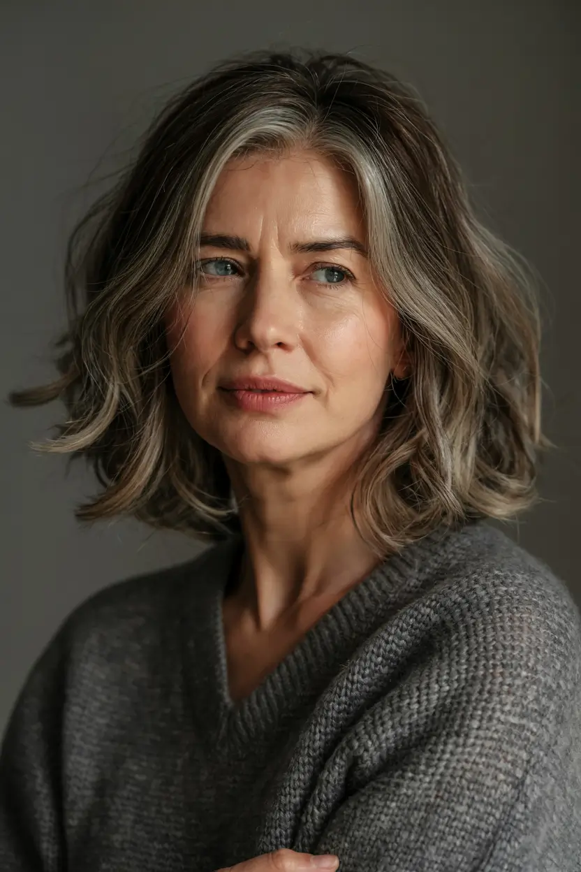 fall hair color ideas 2025 for women over 50 Silver Ash with Volumized Layers