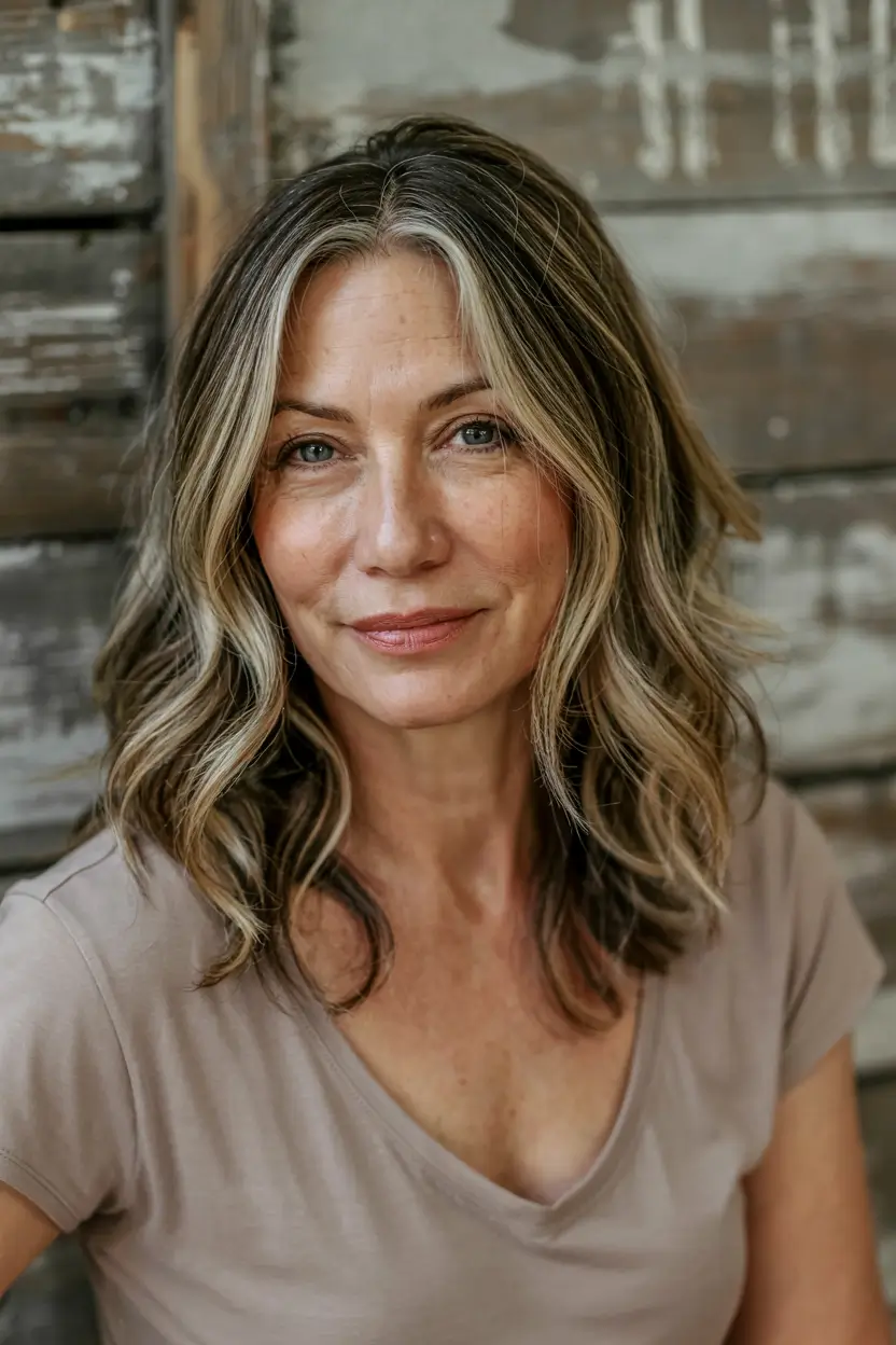 fall hair color ideas 2025 for women over 50+Warm-Beige-Balayage-with-Effortless-Soft-Curls