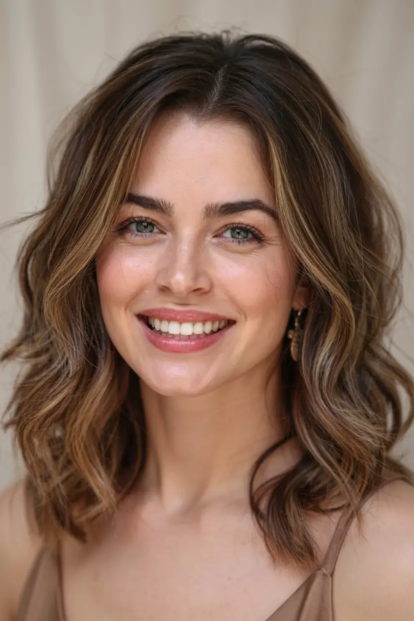 fall hair color ideas 2025 Toasted Almond Lob with Cool Bronze Edges