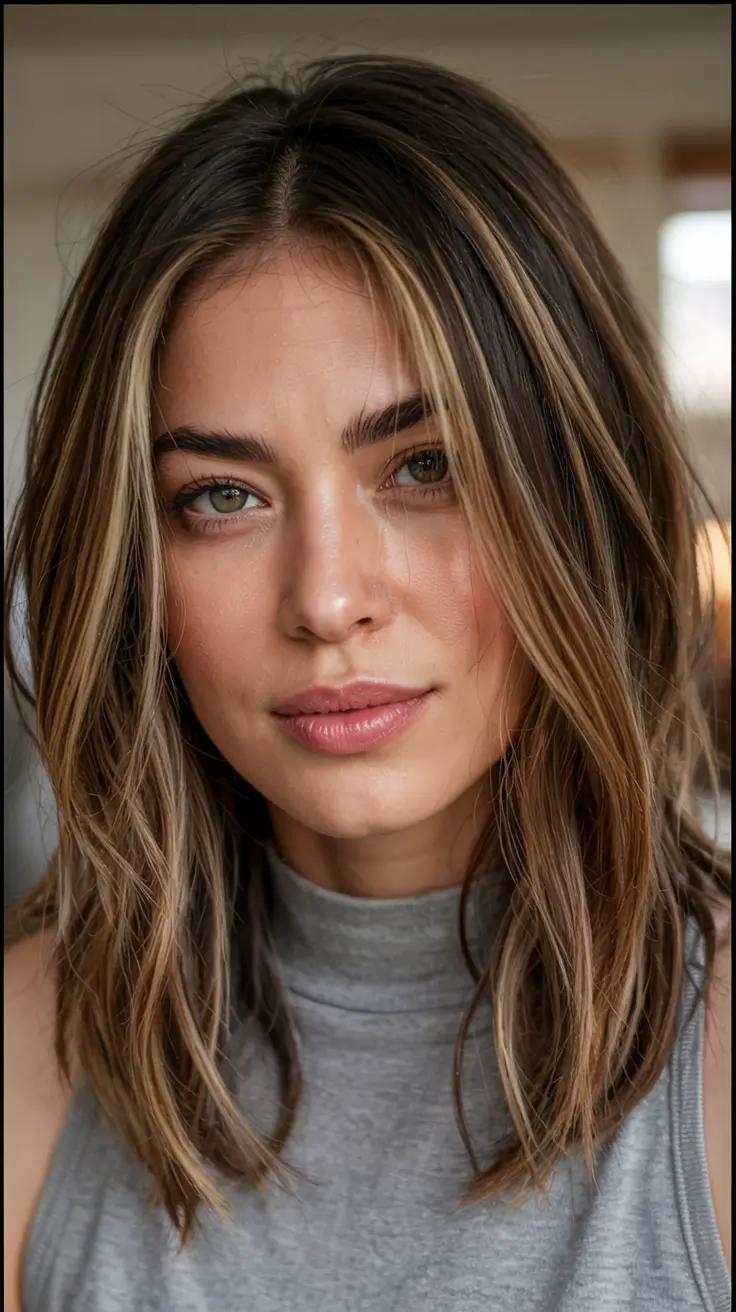 fall hair color ideas 2025 Rooted Beige with Espresso-Lined Volume