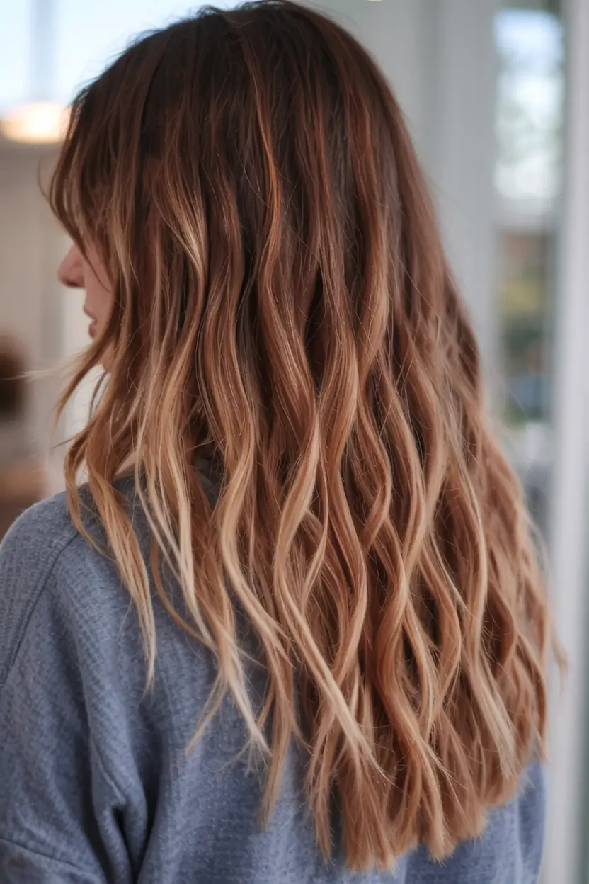 fall hair color ideas 2025 Golden Caramel Melt with Textured Ends