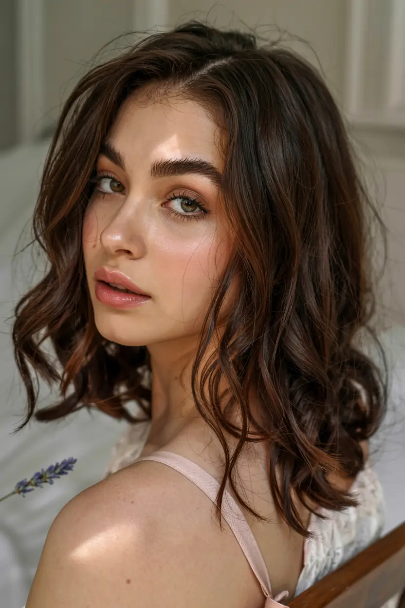 fall hair color ideas 2025+Espresso Waves with Cinnamon Glaze