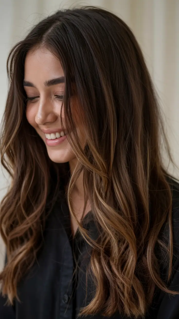 fall hair color ideas 2025 Honey Brunette with Dimensional Waves