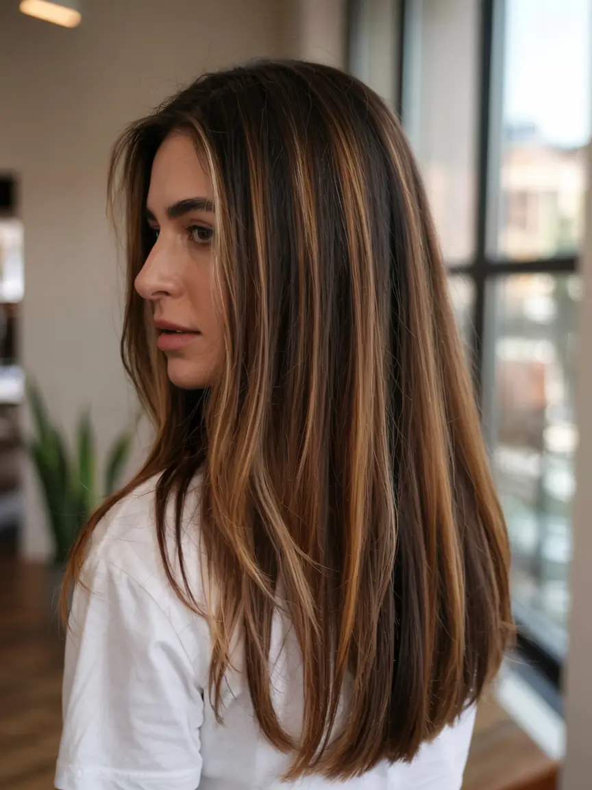 fall hair color ideas 2025 Espresso Brunette with Cinnamon-Latte Strips