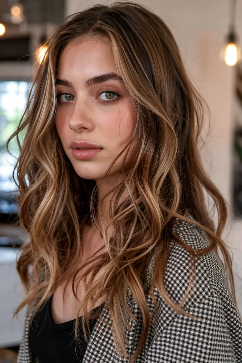 fall hair color ideas 2025 Cinnamon Honey Waves with Melted Blonde