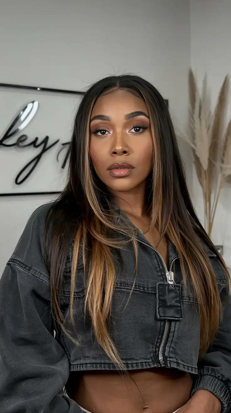 fall hair color ideas for black hair ideas 2025+Buttery Blonde Money Piece on Sleek Layers