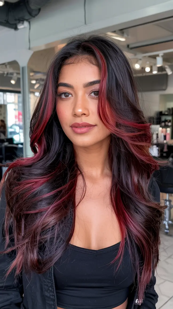 fall hair color ideas for black hair ideas 2025+Cherry-Cola Layers with Full-Face Brightness
