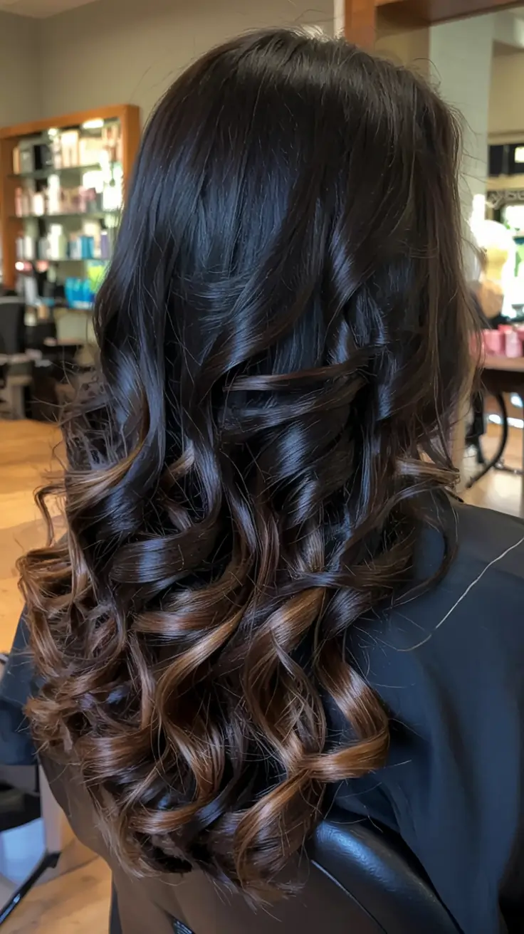 fall hair color ideas for black hair ideas 2025+Espresso Swirl with Buttery Caramel Ends