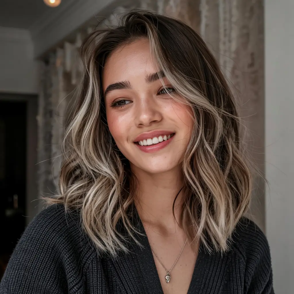 fall hair color ideas for black hair ideas 2025+Champagne Beige on a Chic Bob