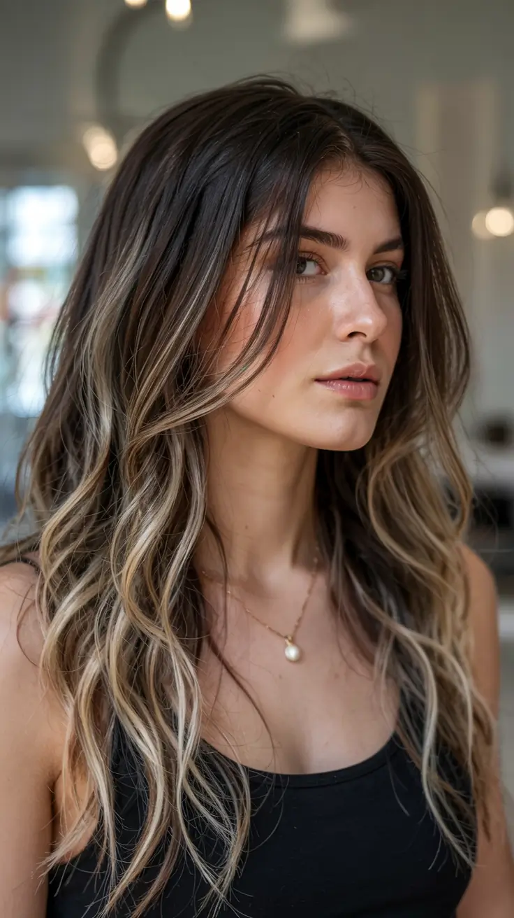 fall hair color ideas for black hair ideas 2025+Sunlit Ash Waves with Subtle Light Ends