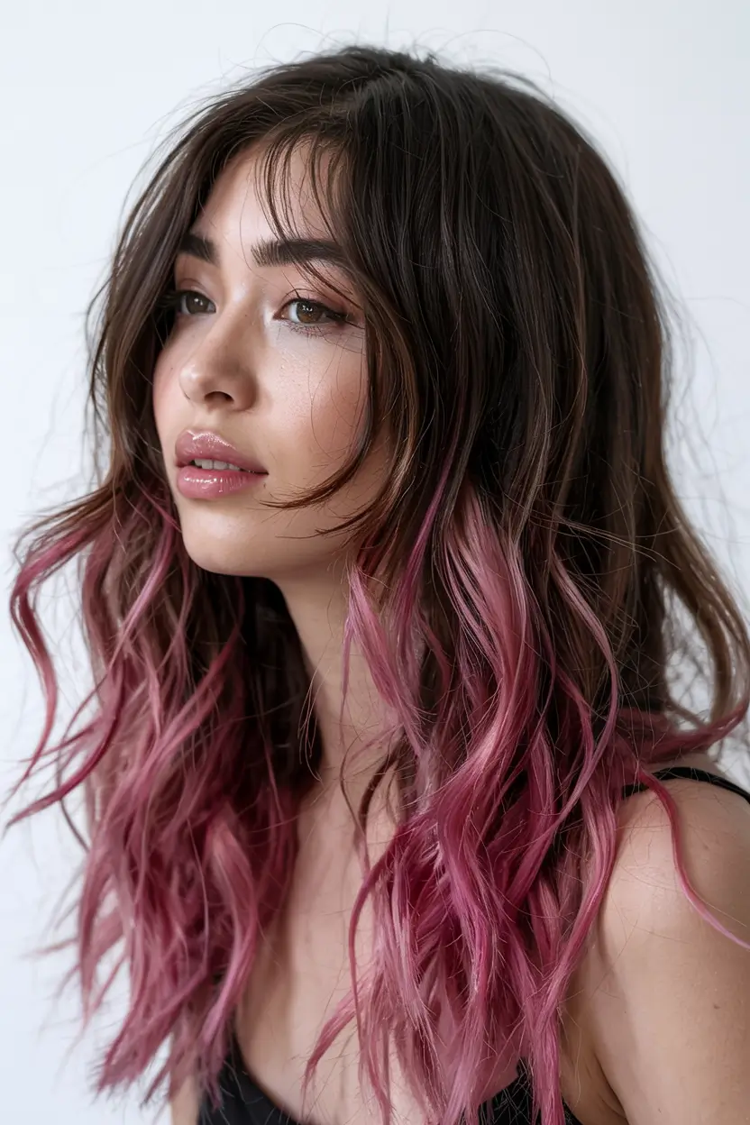 fall hair color ideas for black hair ideas 2025+Muted Rose on Wavy Ends