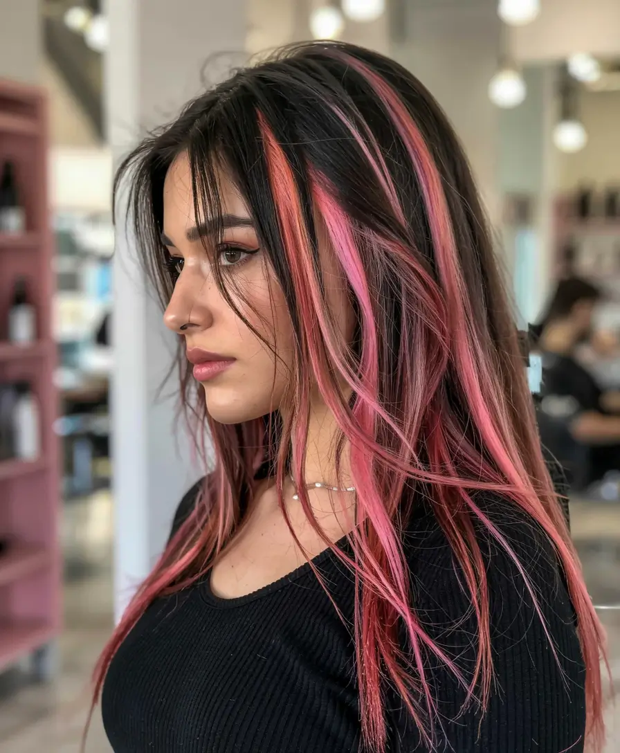 fall hair color ideas for black hair ideas 2025+Bubblegum Babylights on Straight Texture