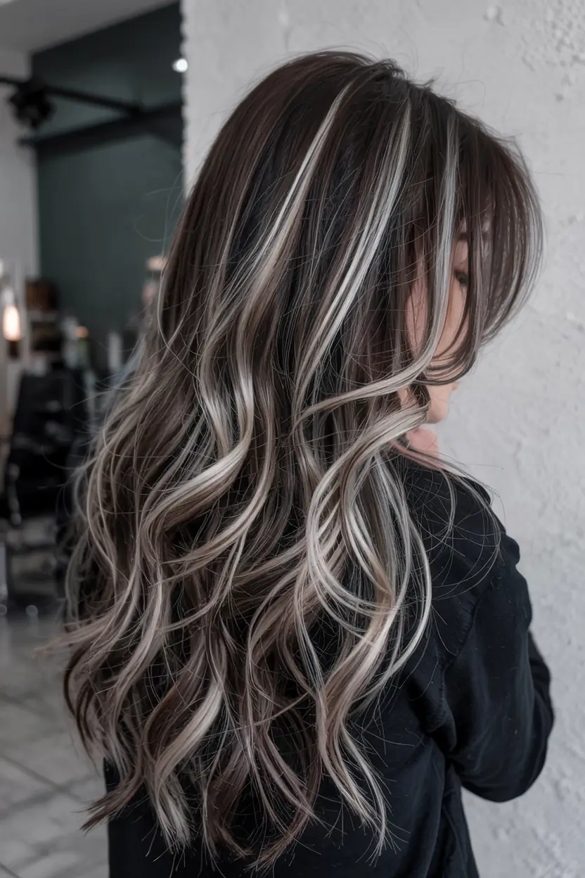 fall hair color ideas for black hair ideas 2025+Platinum Threads in Espresso Lengths