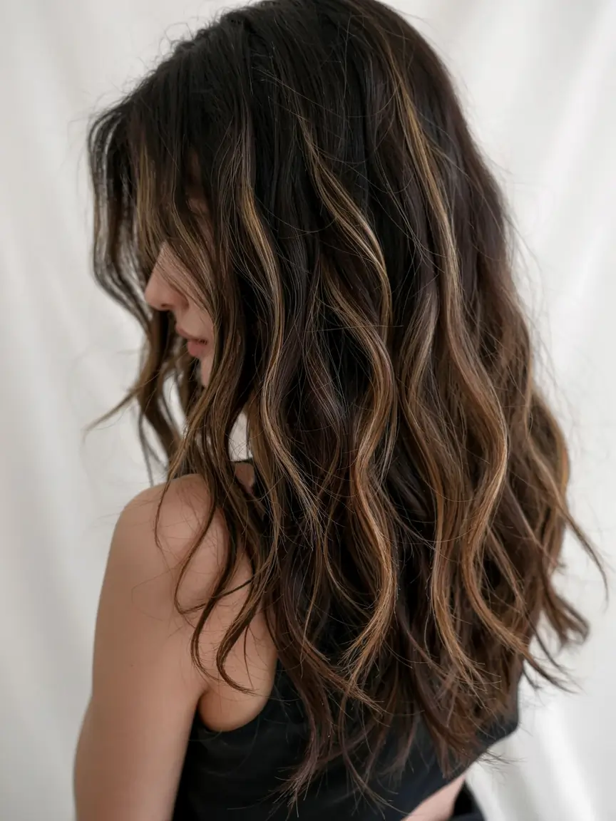 fall hair color ideas for black hair ideas 2025+Soft Mocha Balayage with Loose Texture