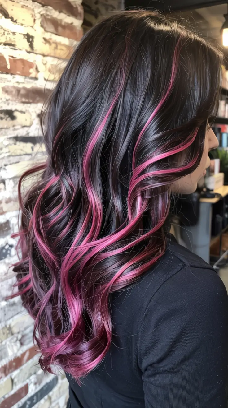 fall hair color ideas for black hair ideas 2025+Pink Lava Strands with Dimensional Shine