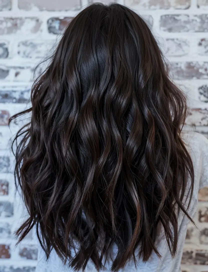 fall hair color ideas for black hair ideas 2025+Dark Chocolate Gloss with Loose Texture