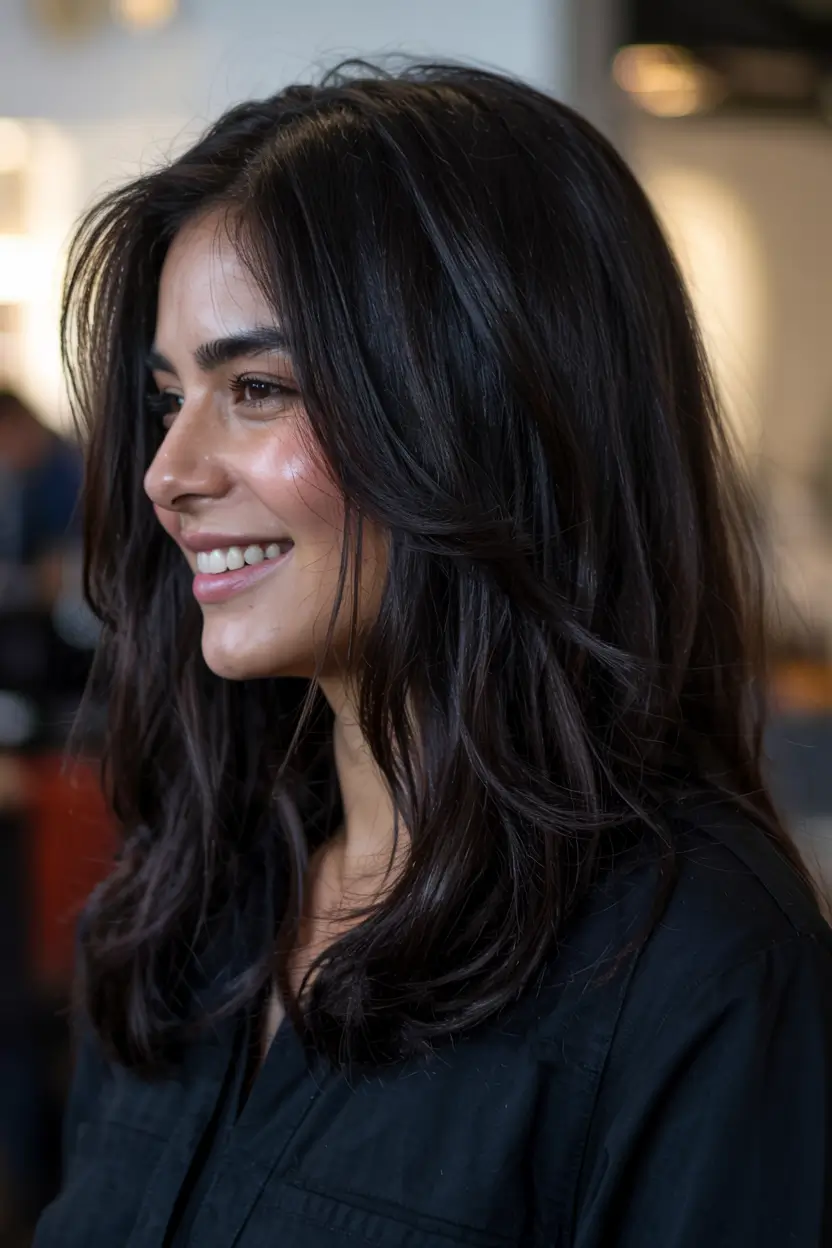 fall hair color ideas for black hair ideas 2025+Soft Brunette Layers with Minimalist Dimension