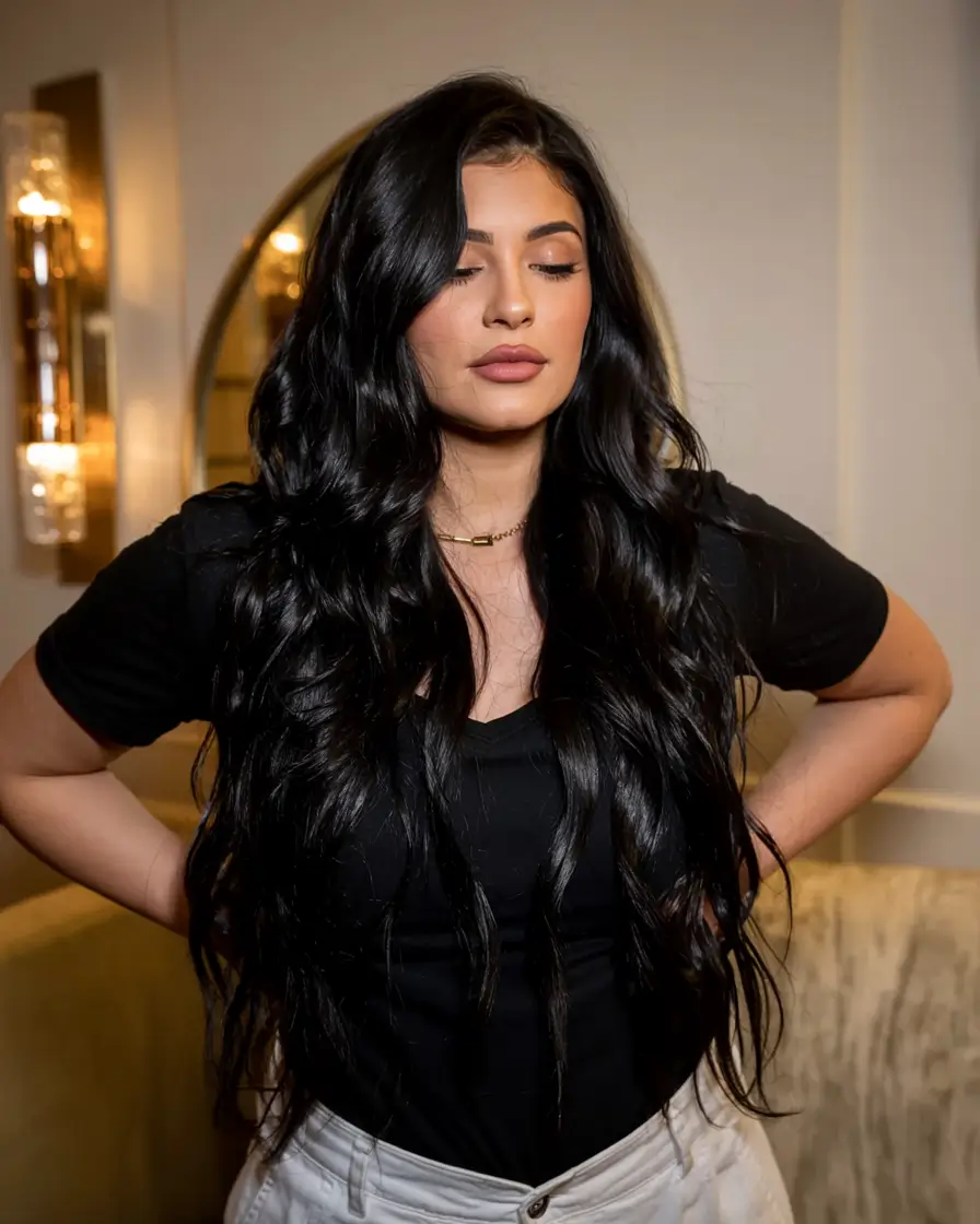 fall hair color ideas for black hair ideas 2025+Glossy Jet Black with Sculpted Curls