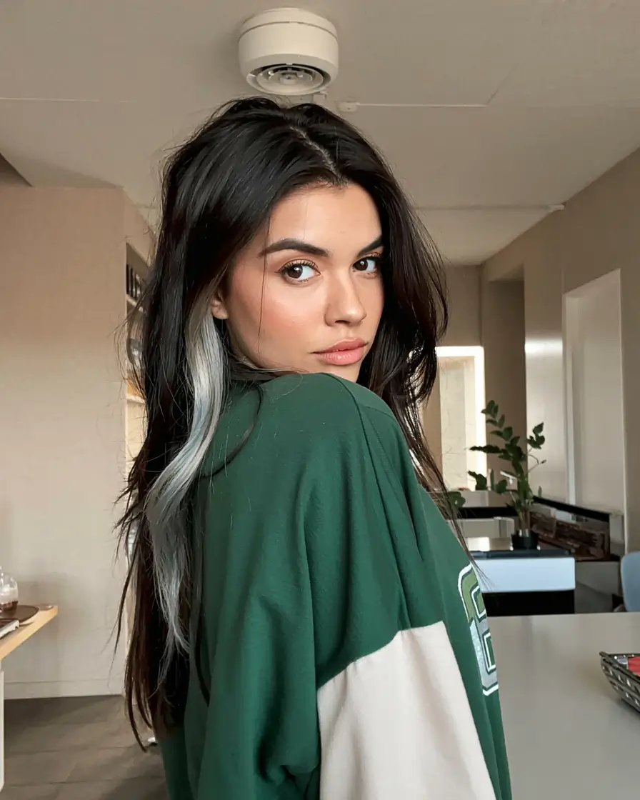 fall hair color ideas for black hair ideas 2025+Pewter Peekaboo Underlayer