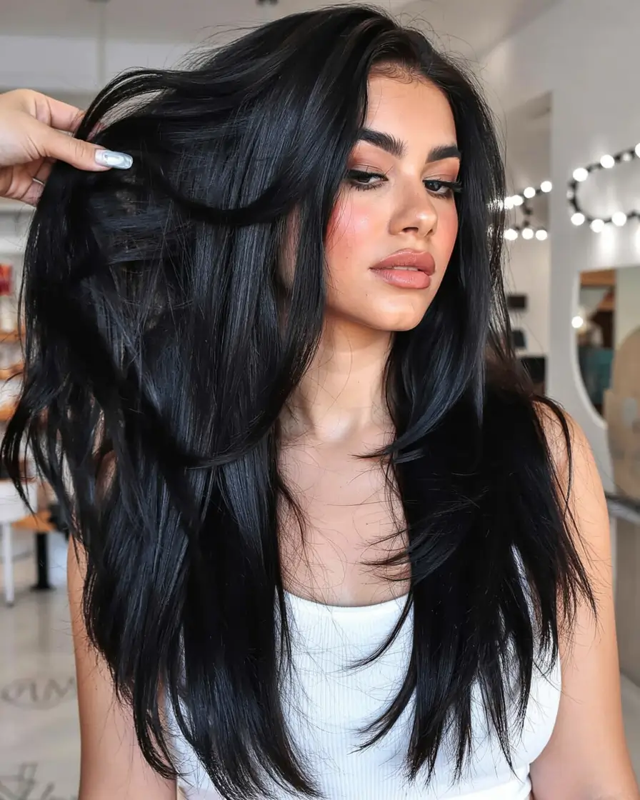 fall hair color ideas for black hair ideas 2025+Midnight Ink Shine on Layered Length