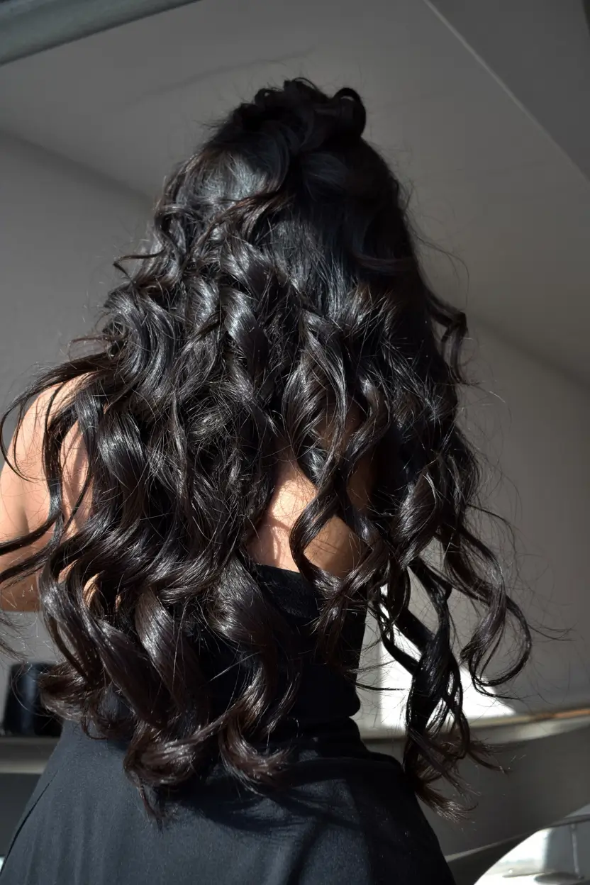 fall hair color ideas for black hair ideas 2025 Glossy Curls with Dimensional Black Depth