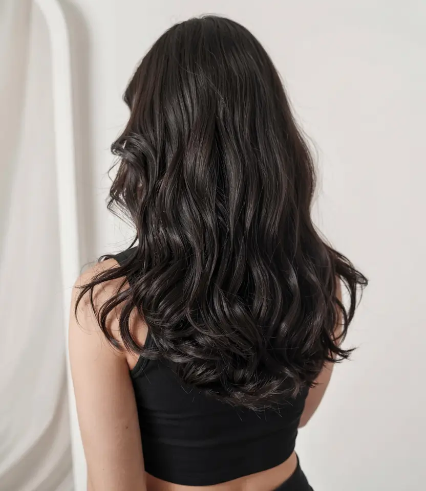 fall hair color ideas for black hair ideas 2025 Soft Glam Mid-Length Shine with Smoky Undertones