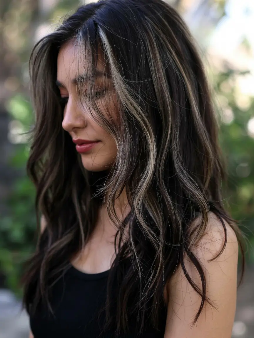fall hair color ideas for black hair ideas 2025+Maple-Toned Highlights with Ribbon Layers