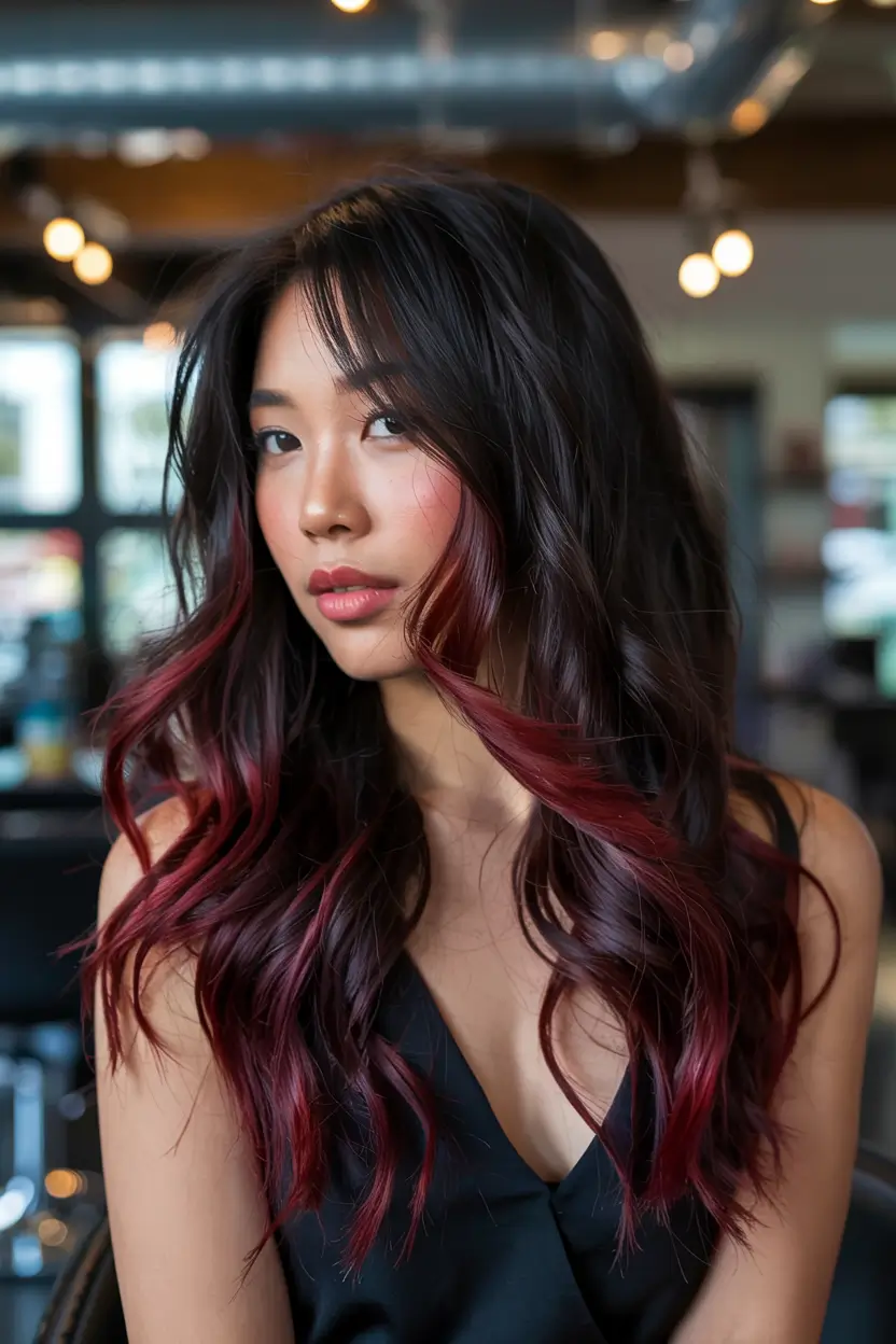 fall hair color ideas for black hair ideas 2025+Deep Wine Ends on Wavy Black Layers