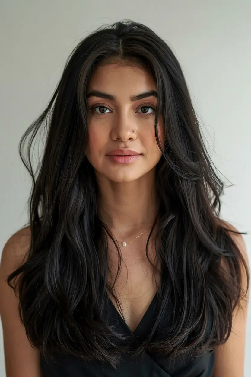 fall hair color ideas for black hair ideas 2025+Natural Black Layers with Soft Volume