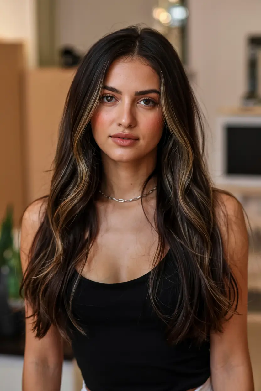 fall hair color ideas for black hair ideas 2025+Golden Veil Highlights for Lux Glow