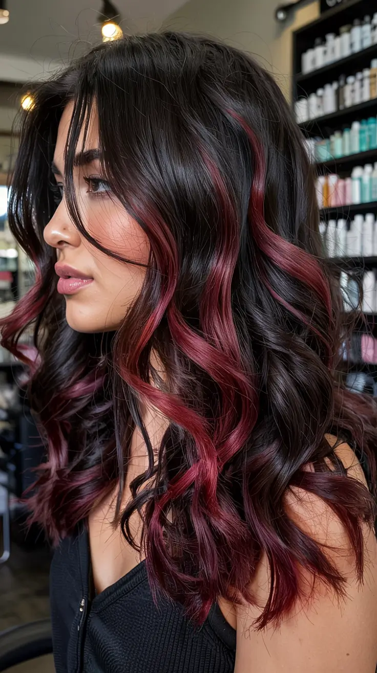 fall hair color ideas for black hair ideas 2025+Dark Berry Wine Curls with Drama