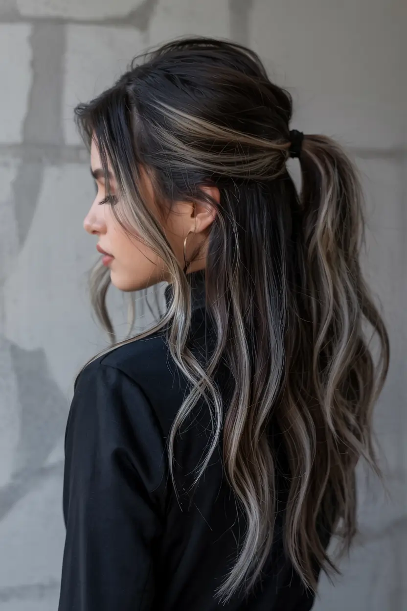 fall hair color ideas for black hair ideas 2025+Smoky Highlights in a Soft Half-Up Pony