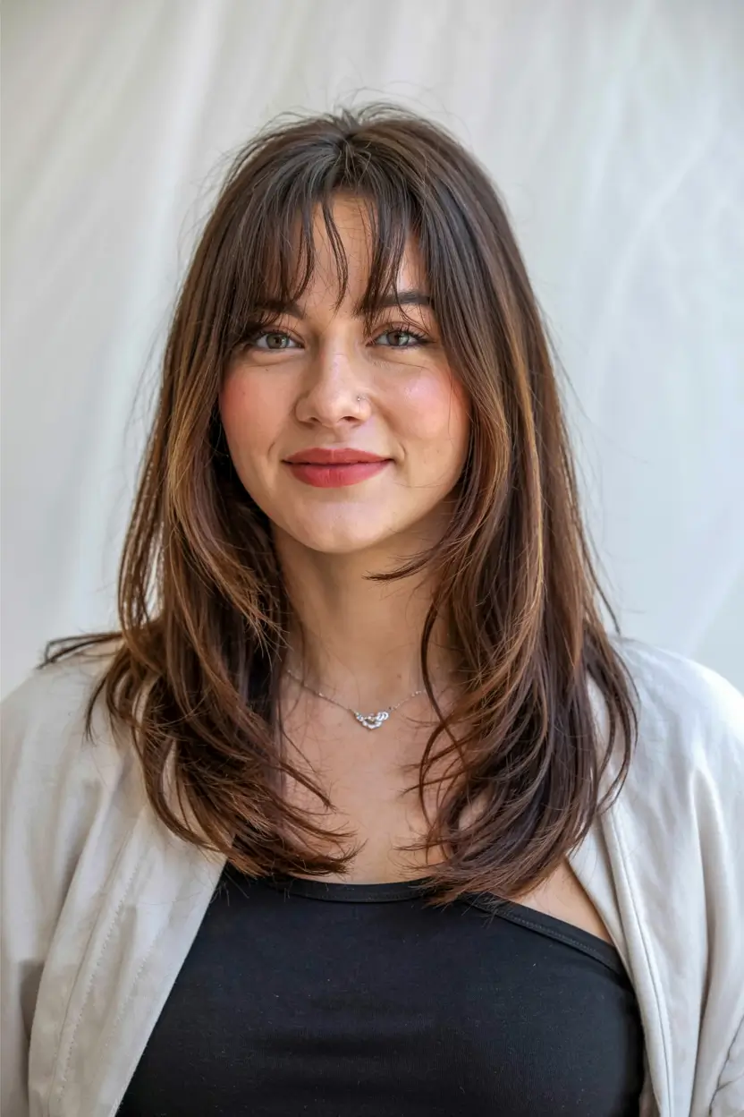 fall haircuts for chubby faces ideas 2025+Chest-Length Layers with Full Fringe