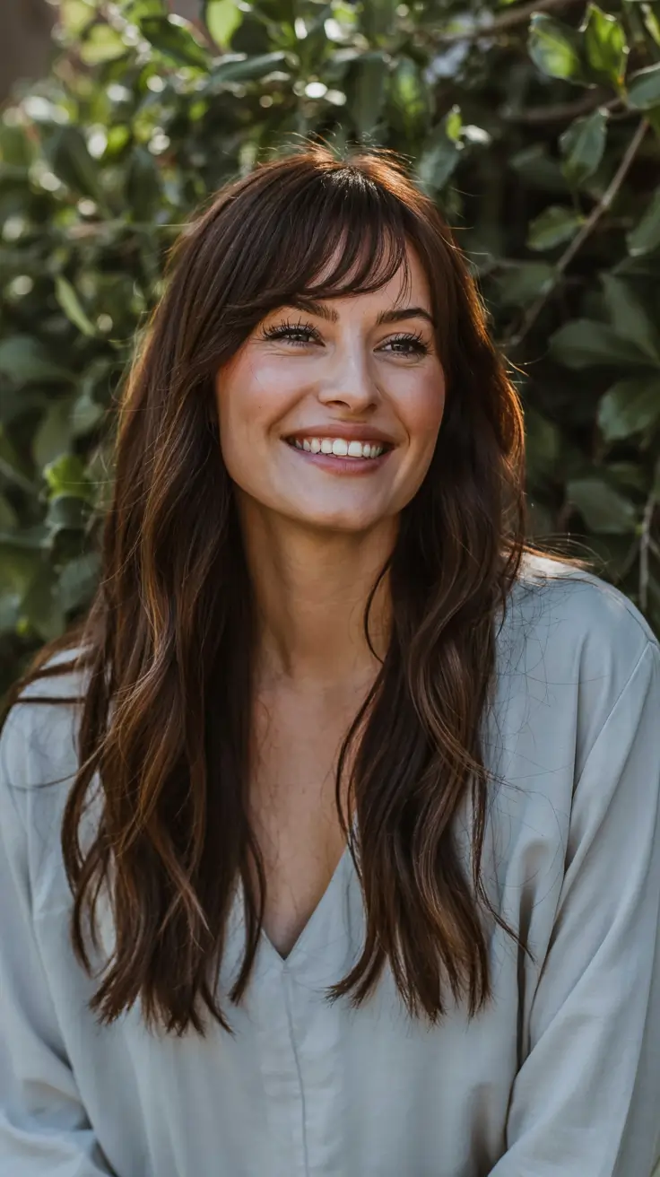 fall haircuts for chubby faces ideas 2025+Long Espresso Layers with Side-Swept Fringe