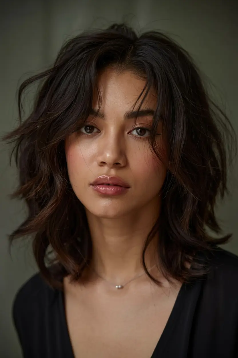 fall haircuts for chubby faces ideas 2025+Choppy Lob with Curtain Texture