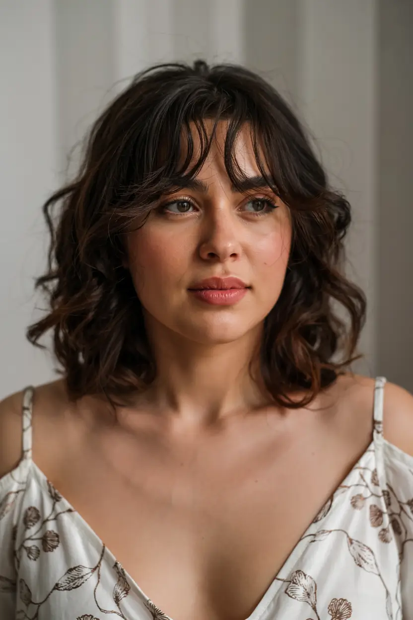 fall haircuts for chubby faces ideas 2025+Airy Lob with Tousled Curtain Bangs