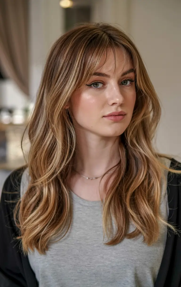 fall haircuts for chubby faces ideas 2025+Golden Caramel Blowout with Soft Fringe