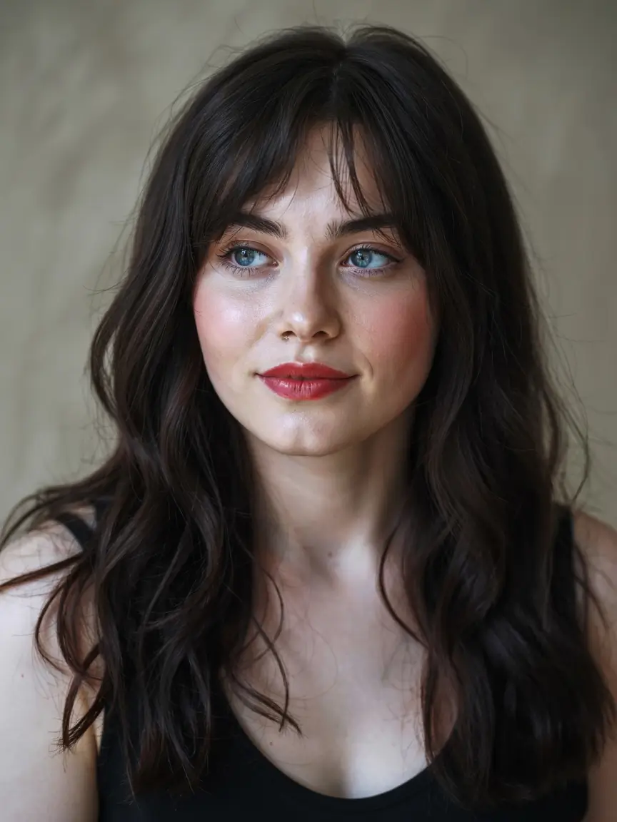 fall haircuts for chubby faces ideas 2025+Jet Brown Waves with Full Curtain Fringe