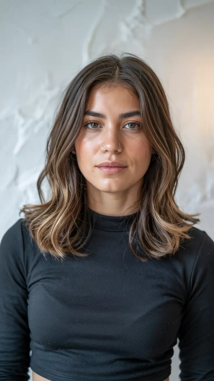 fall haircuts for chubby faces ideas 2025+Low-Contrast Brunette Mid-Length Shag