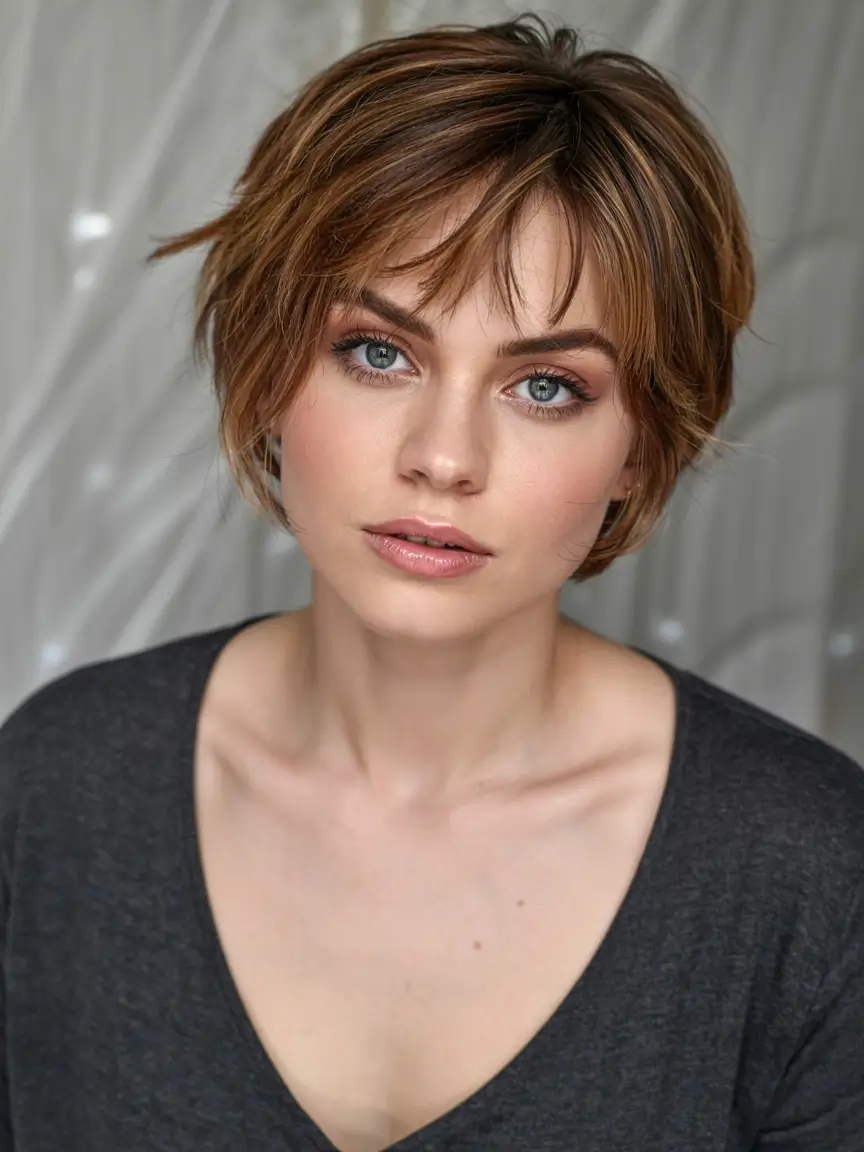 fall haircuts for chubby faces ideas 2025+Short, Piecey Layers with Side Bangs