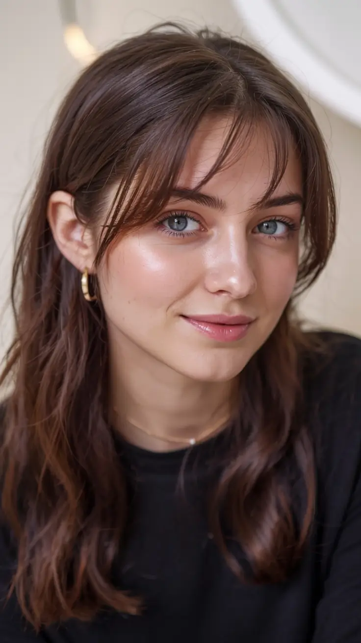 fall haircuts for chubby faces ideas 2025+Long Layers with Curtain Bangs