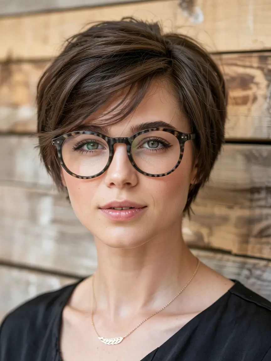 fall haircuts for chubby faces ideas 2025 Smart Pixie Layers with Tortoiseshell Frames