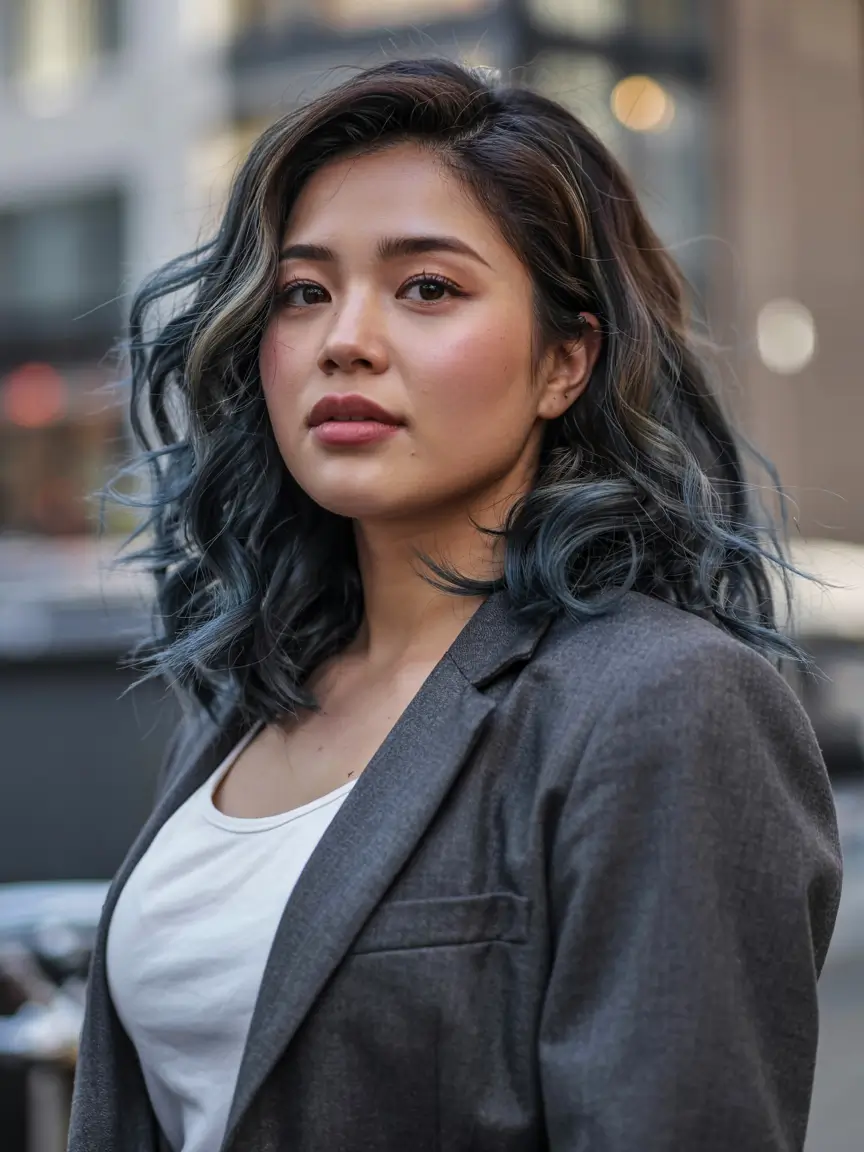 fall haircuts for chubby faces ideas 2025+Slate-Blue Balayage with City Volume