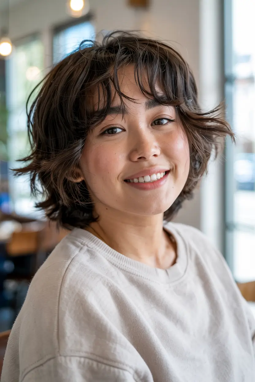 fall haircuts for chubby faces ideas 2025+Feathered Shag with Wispy Ends